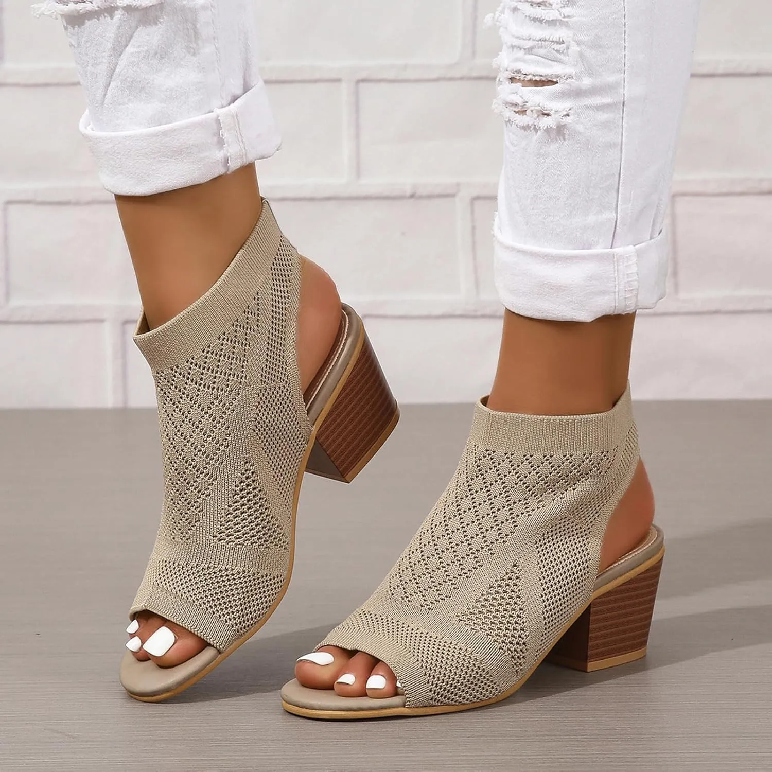 Peep Toe Booties for Women Open Toe Heeled Sandals Knit Cutout Chunky Block Heel Breathable Fashion Shoes US5-11