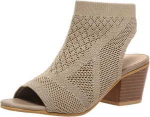 Peep Toe Booties for Women Open Toe Heeled Sandals Knit Cutout Chunky Block Heel Breathable Fashion Shoes US5-11