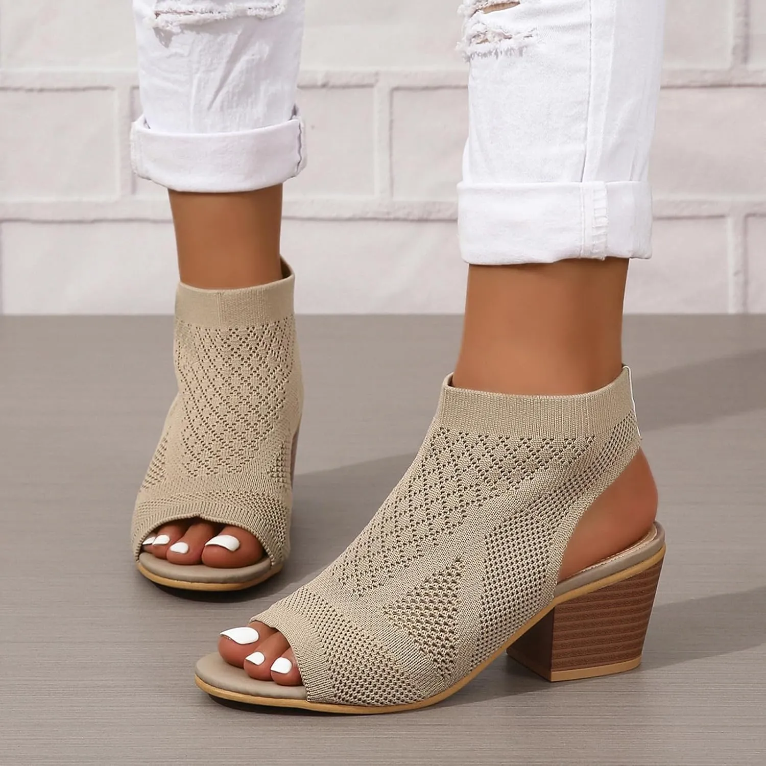 Peep Toe Booties for Women Open Toe Heeled Sandals Knit Cutout Chunky Block Heel Breathable Fashion Shoes US5-11