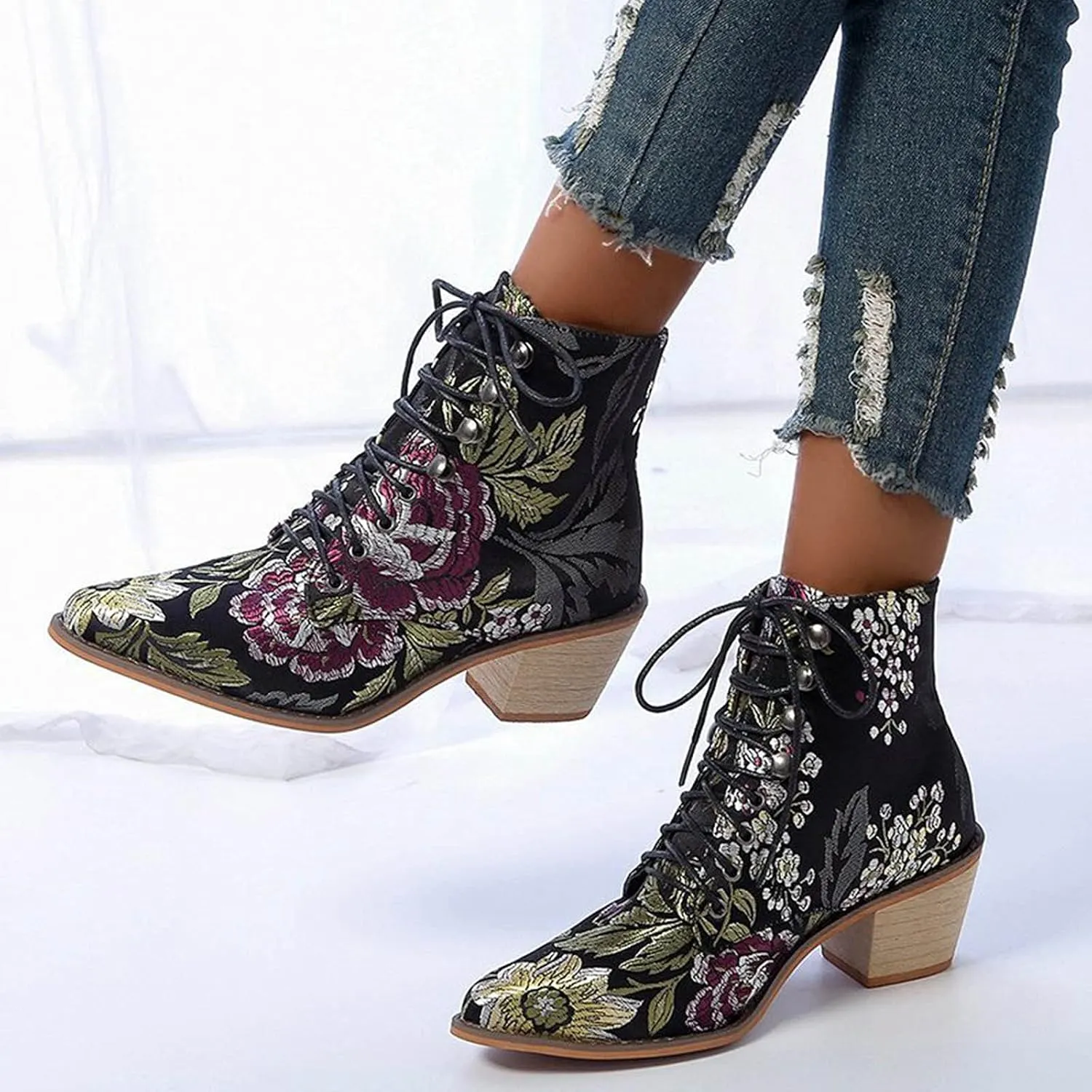 peqiut Ankle Boots for Women Printed Chunky Low Heel Flower Embroidered Cowboy Boots Pointed Toe Lace Up Short Boots Comfy