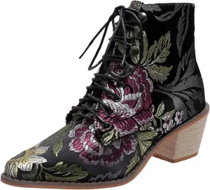 peqiut Ankle Boots for Women Printed Chunky Low Heel Flower Embroidered Cowboy Boots Pointed Toe Lace Up Short Boots Comfy