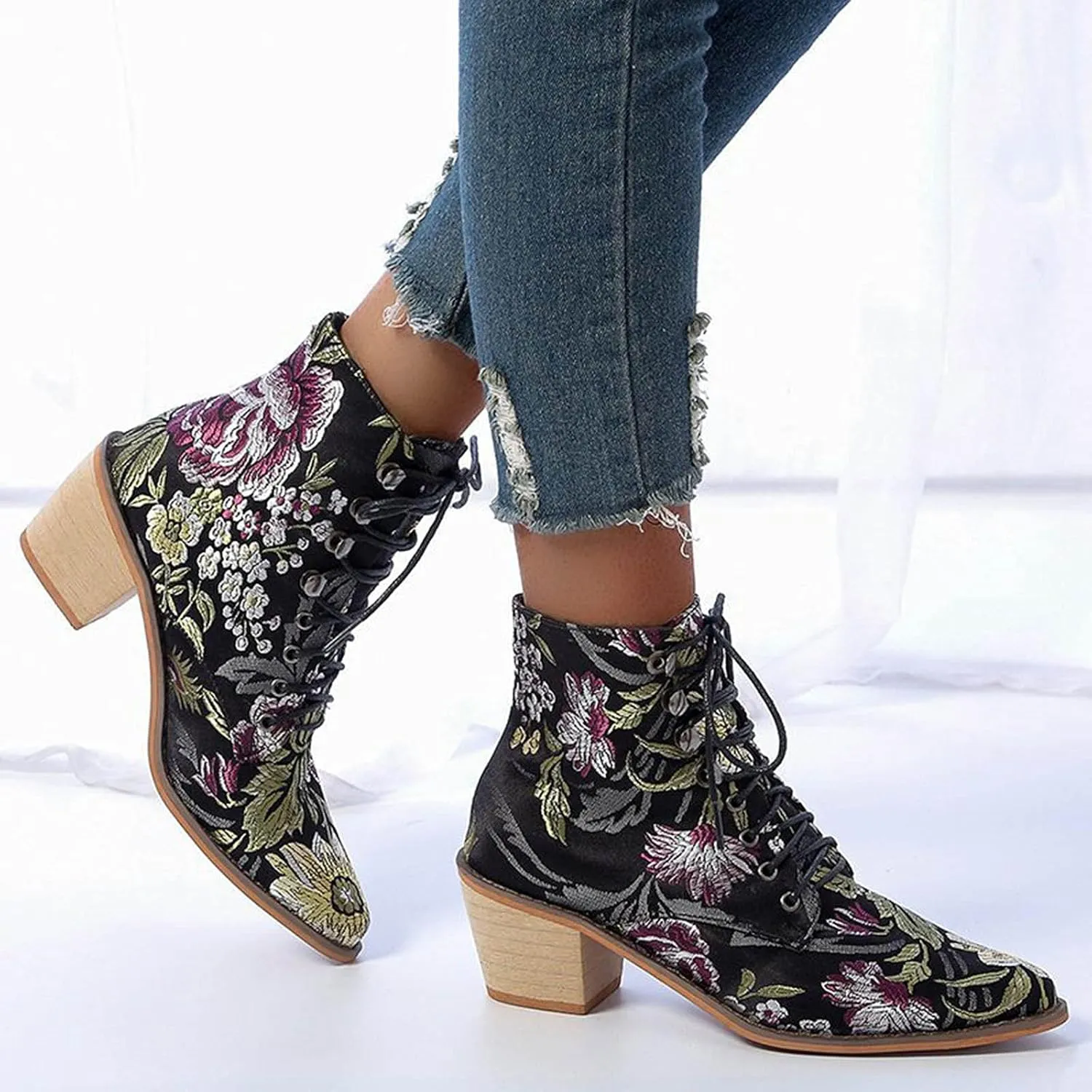 peqiut Ankle Boots for Women Printed Chunky Low Heel Flower Embroidered Cowboy Boots Pointed Toe Lace Up Short Boots Comfy