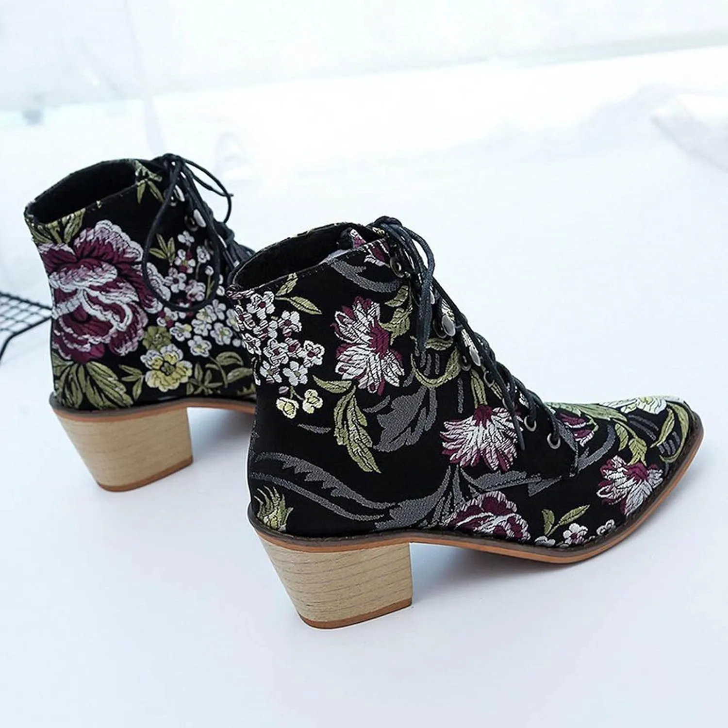 peqiut Ankle Boots for Women Printed Chunky Low Heel Flower Embroidered Cowboy Boots Pointed Toe Lace Up Short Boots Comfy
