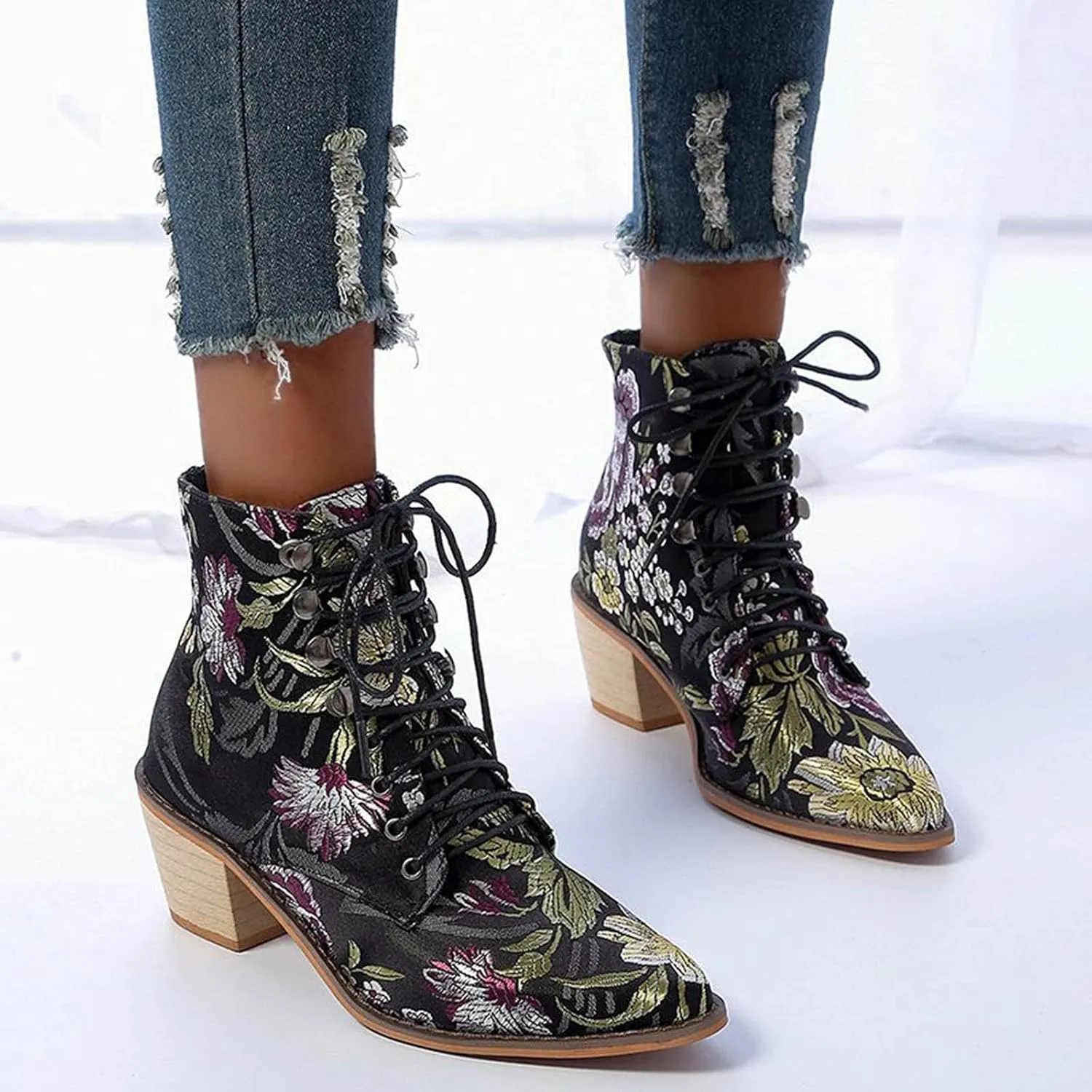 peqiut Ankle Boots for Women Printed Chunky Low Heel Flower Embroidered Cowboy Boots Pointed Toe Lace Up Short Boots Comfy