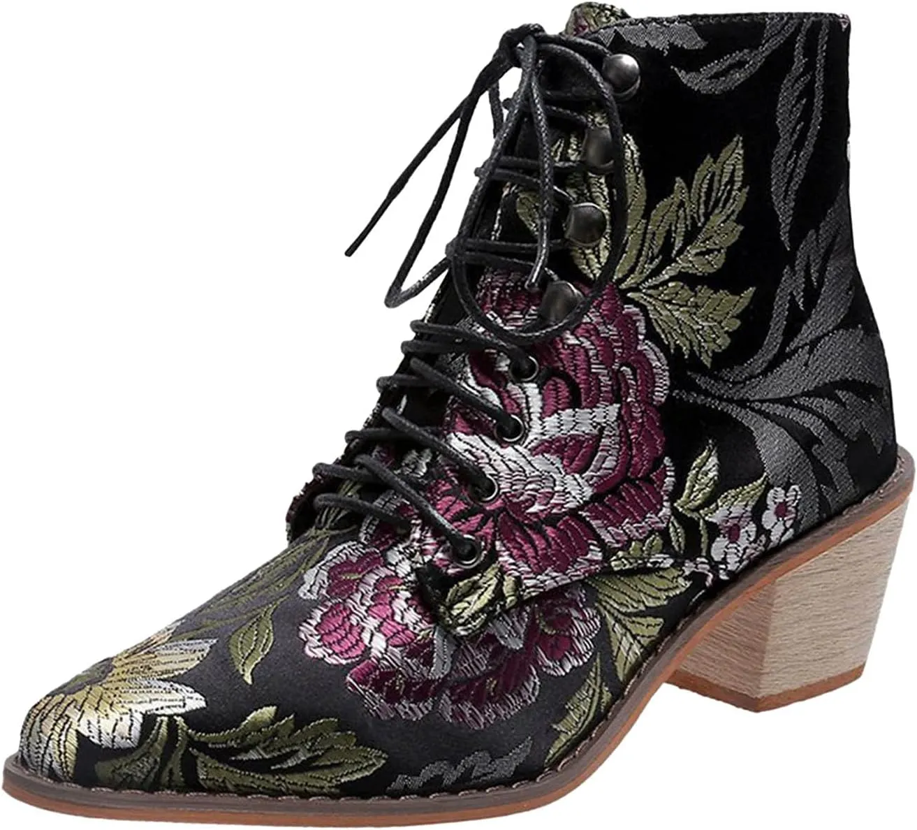 peqiut Ankle Boots for Women Printed Chunky Low Heel Flower Embroidered Cowboy Boots Pointed Toe Lace Up Short Boots Comfy