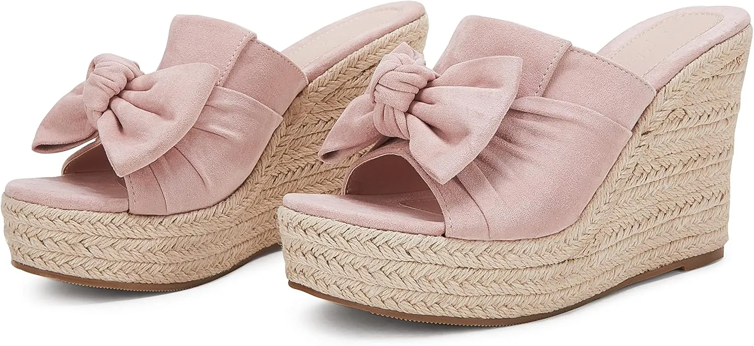 PiePieBuy Womens Platform Espadrilles Slip On Wedge Sandals Bow Tie Open Toe Slides Shoes
