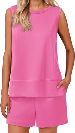 PINSPARK Two Piece Sets for Women Summer Sleeveless Lounge Set Crewneck Tops Sweatsuit Drawstring Shorts Tracksuit Outfits