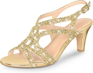 PIZZ ANNU Women's Amelia Heels Sandals Sparkle Crystal Open Toe Slingback High Heel Sandals Dress Pumps Shoes for Party Wedding