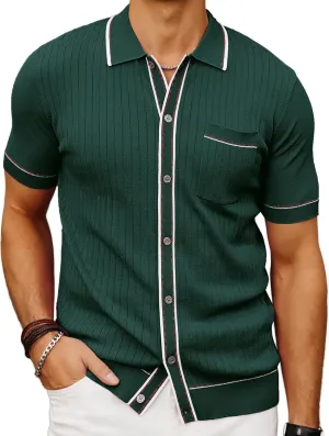 PJ PAUL JONES Mens Knit Shirts Vintage Retro Short Sleeve Button Down Vacation Polo Shirts