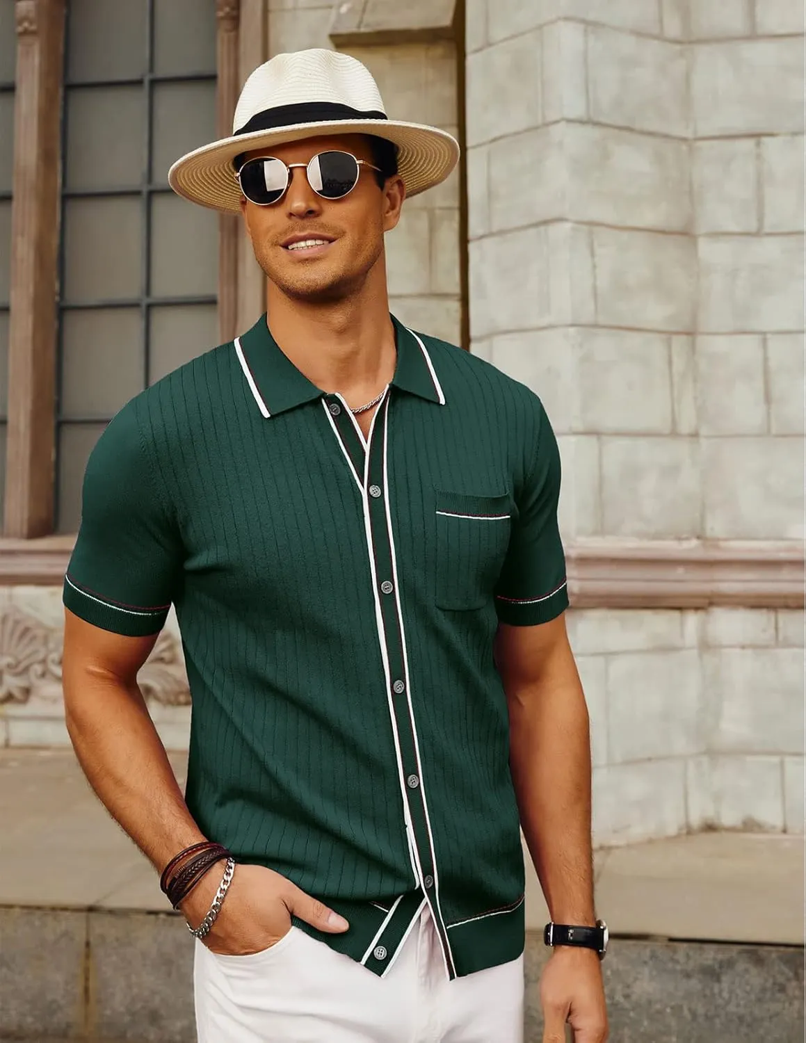 PJ PAUL JONES Mens Knit Shirts Vintage Retro Short Sleeve Button Down Vacation Polo Shirts