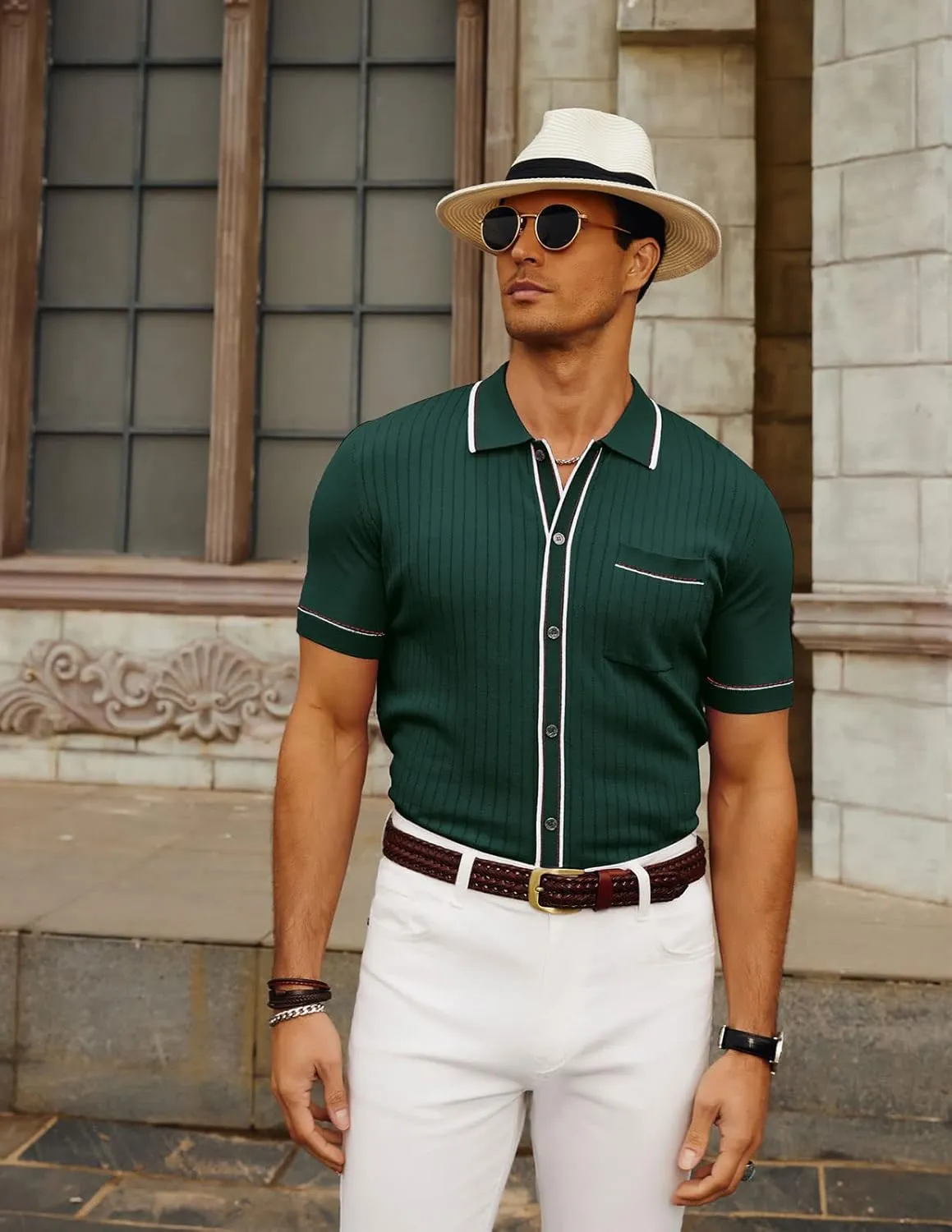 PJ PAUL JONES Mens Knit Shirts Vintage Retro Short Sleeve Button Down Vacation Polo Shirts