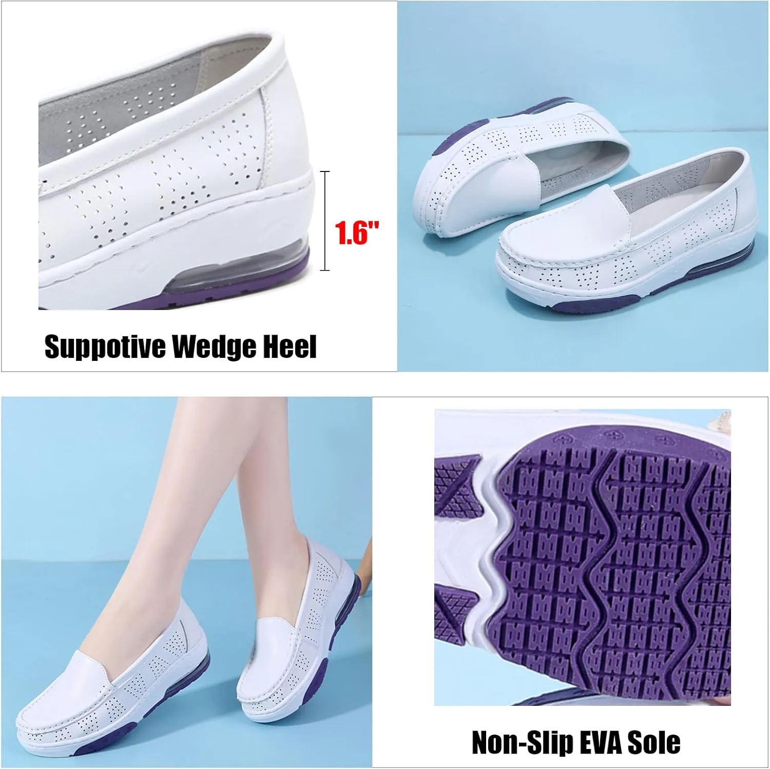 Platform Wedge Cutout Breathable Walking Loafers for Women Leather Casual Non Slip Air-Cushion Comfortable Slip On Work Boat Shoes for Nursing Restaurant