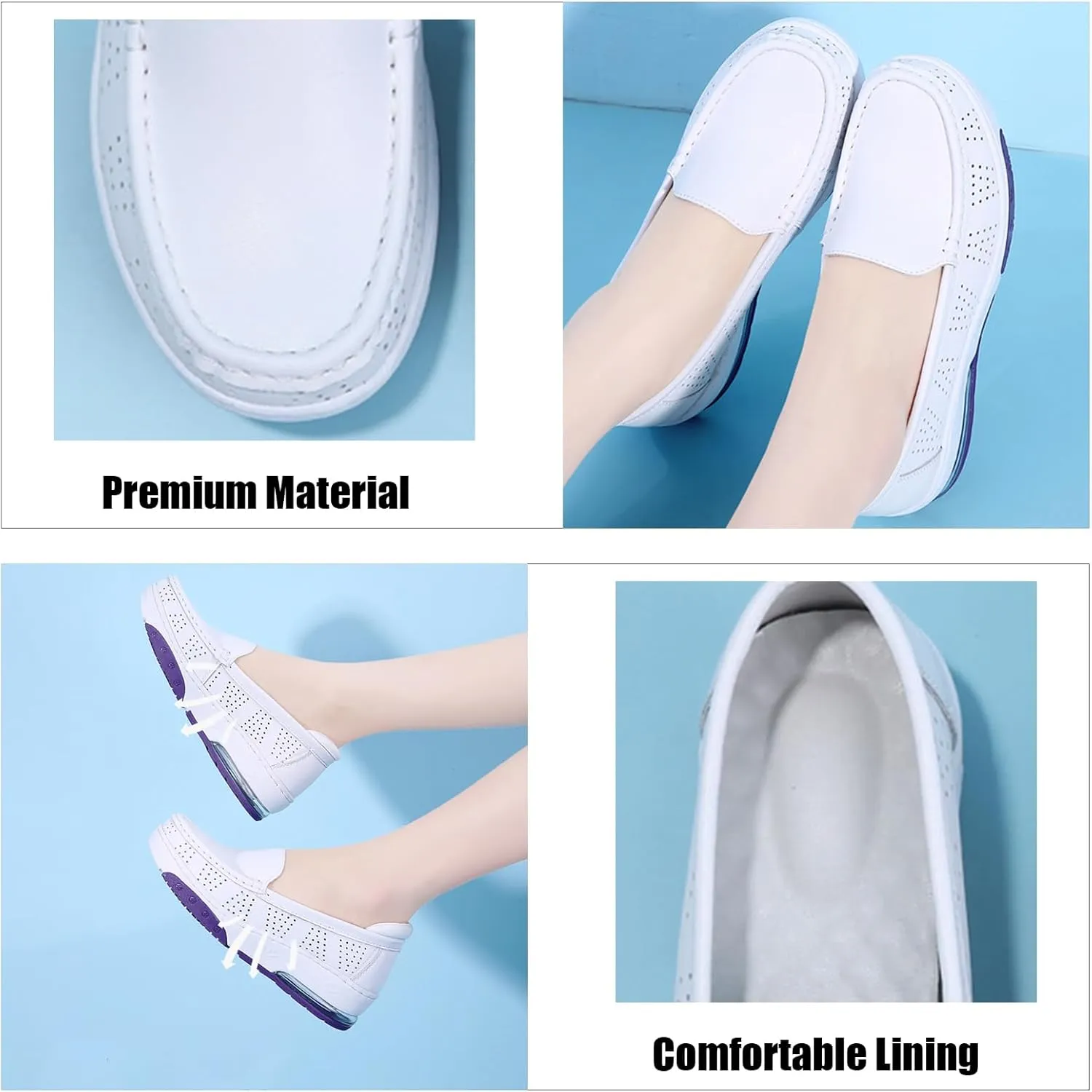 Platform Wedge Cutout Breathable Walking Loafers for Women Leather Casual Non Slip Air-Cushion Comfortable Slip On Work Boat Shoes for Nursing Restaurant