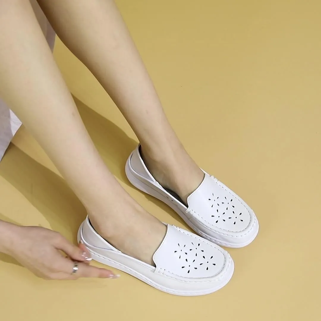 Platform Wedge Cutout Breathable Walking Loafers for Women Leather Casual Non Slip Air-Cushion Comfortable Slip On Work Boat Shoes for Nursing Restaurant