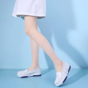 Platform Wedge Cutout Breathable Walking Loafers for Women Leather Casual Non Slip Air-Cushion Comfortable Slip On Work Boat Shoes for Nursing Restaurant