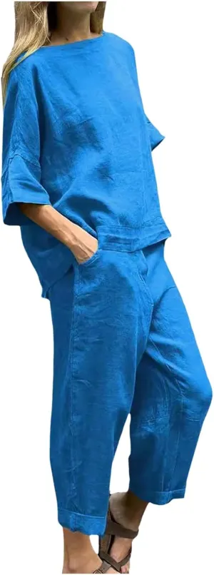 Plus Size Two Piece Sets for Women 2 Piece Matching Cotton Linen Lounge Wear Summer Loose Fit Wide Leg Pants Set