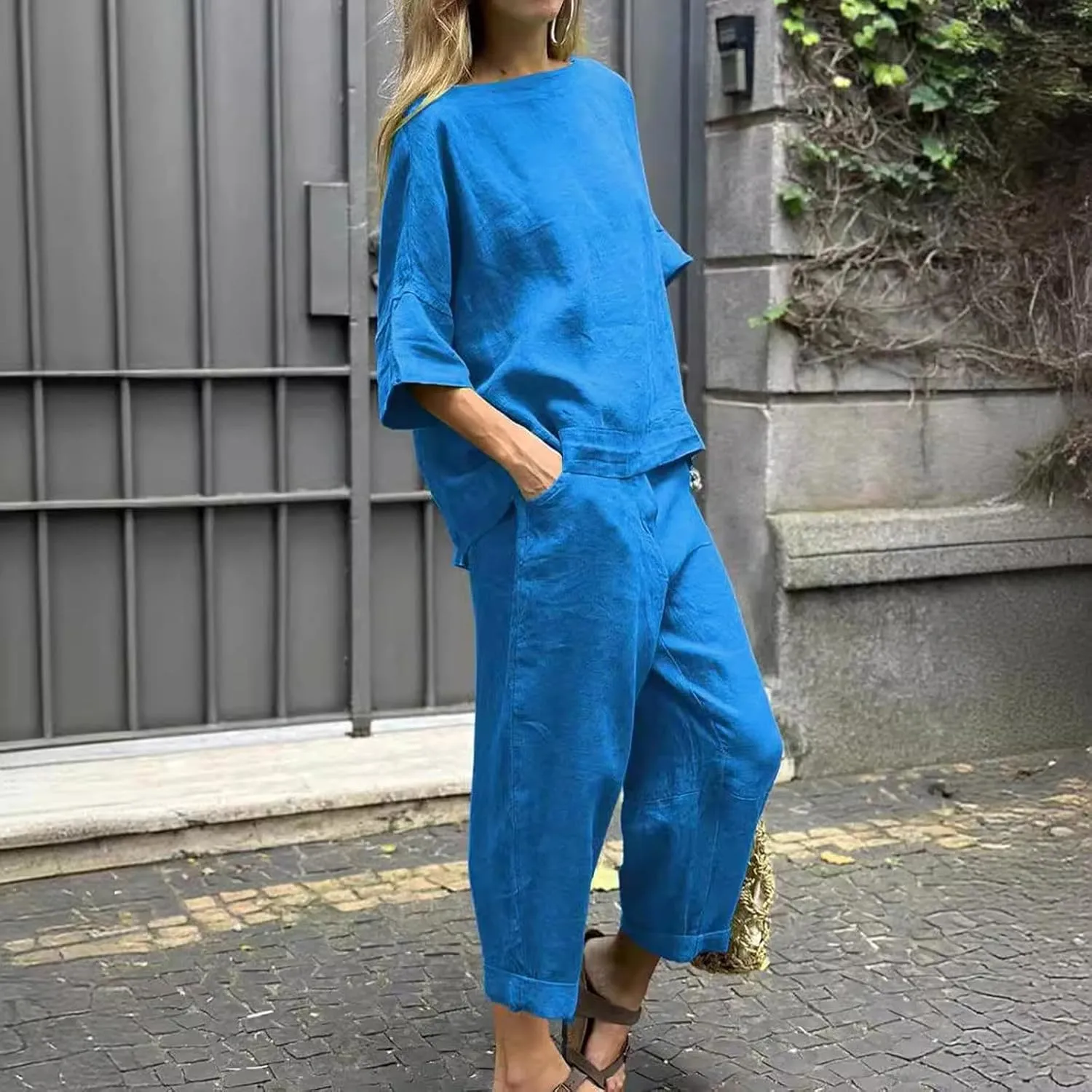 Plus Size Two Piece Sets for Women 2 Piece Matching Cotton Linen Lounge Wear Summer Loose Fit Wide Leg Pants Set