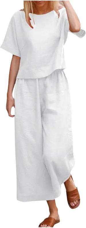Plus Size Two Piece Sets for Women Casual 2 Piece Cotton Linen Sets Short Sleeve Top Wide Leg Pants Matching Set