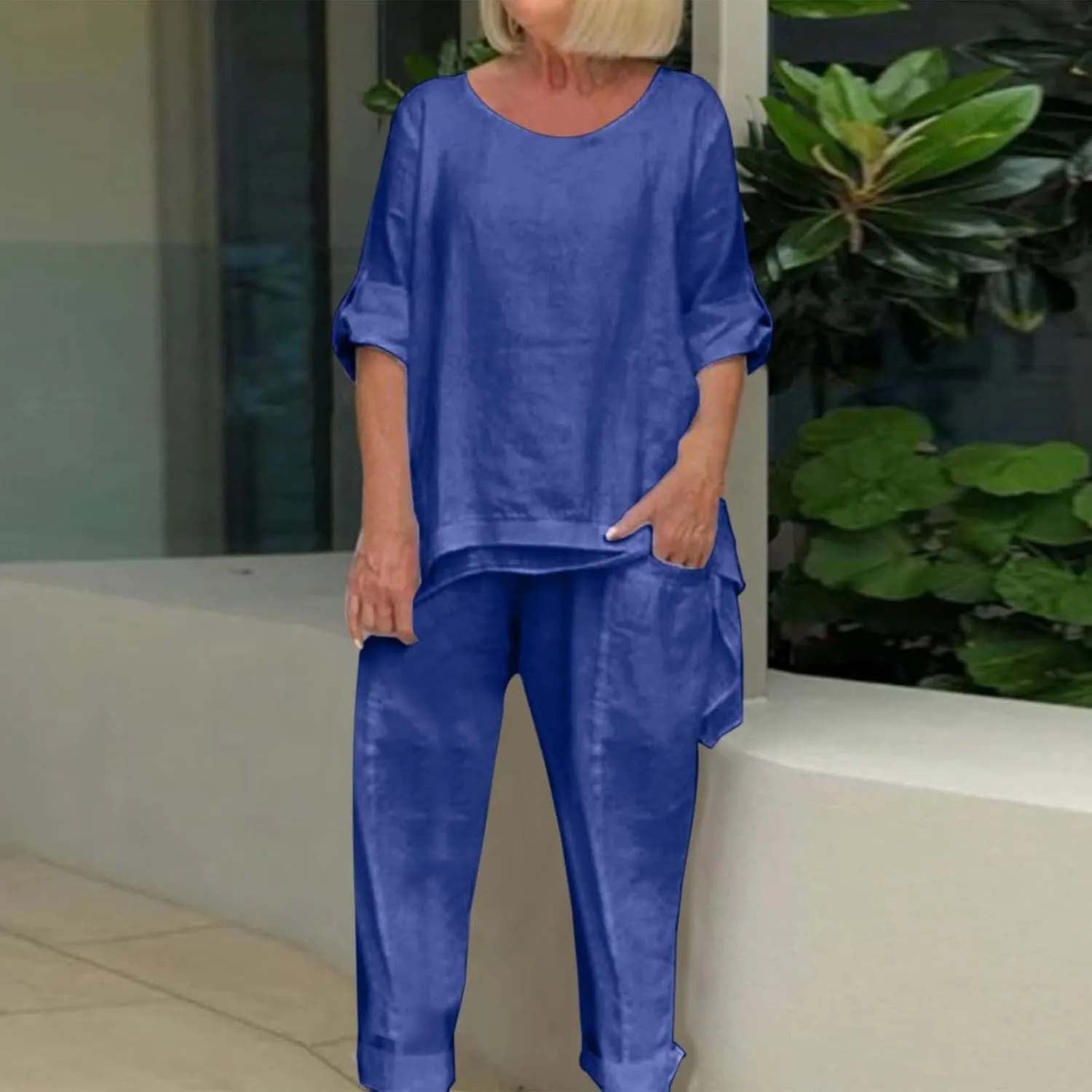 Plus Size Two Piece Sets for Women Cotton Linen Jogger Lounge Set Short Sleeve Tops Long Track Pants Tracksuit