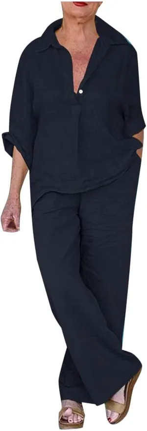 Plus Size Two Piece Sets for Women Linen Dressy Casual Sets Wide Leg Pants Suits Short Sleeve Jogger Tracksuit