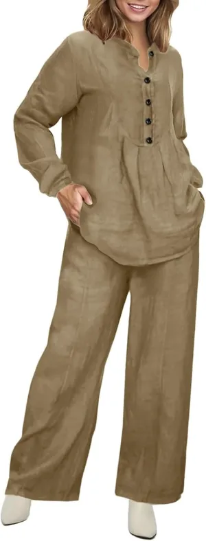 Plus Size Two Piece Sets for Women Linen Short Sleeve Top and Wide Leg Pants Lounge Matching Tracksuits Trendy Clothes