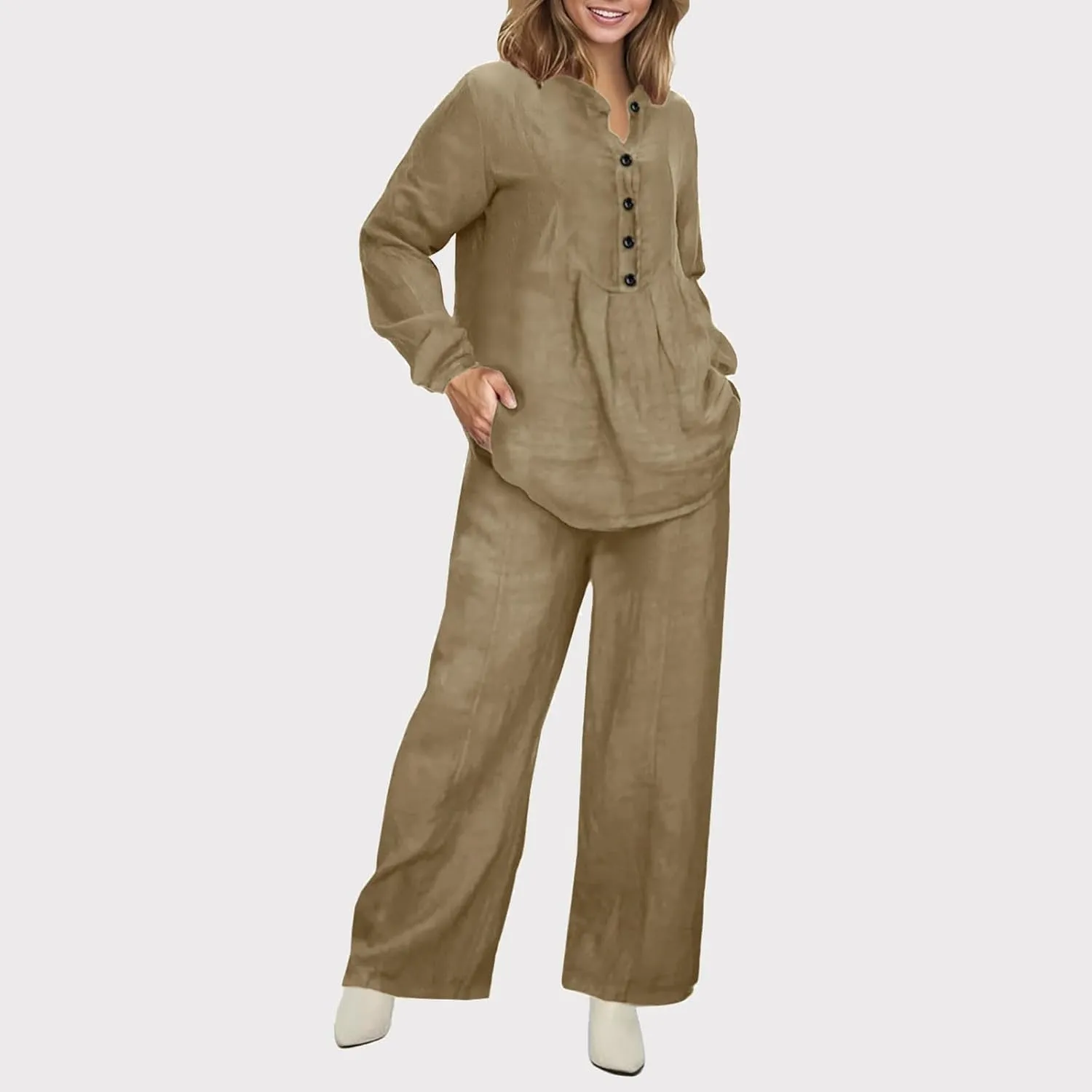 Plus Size Two Piece Sets for Women Linen Short Sleeve Top and Wide Leg Pants Lounge Matching Tracksuits Trendy Clothes