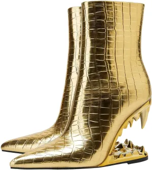 Pointed Tiger Tooth Heel Boots,Golden Ankle Boots,Comfortable and Personalized Boots,Suitable for Various Occasions