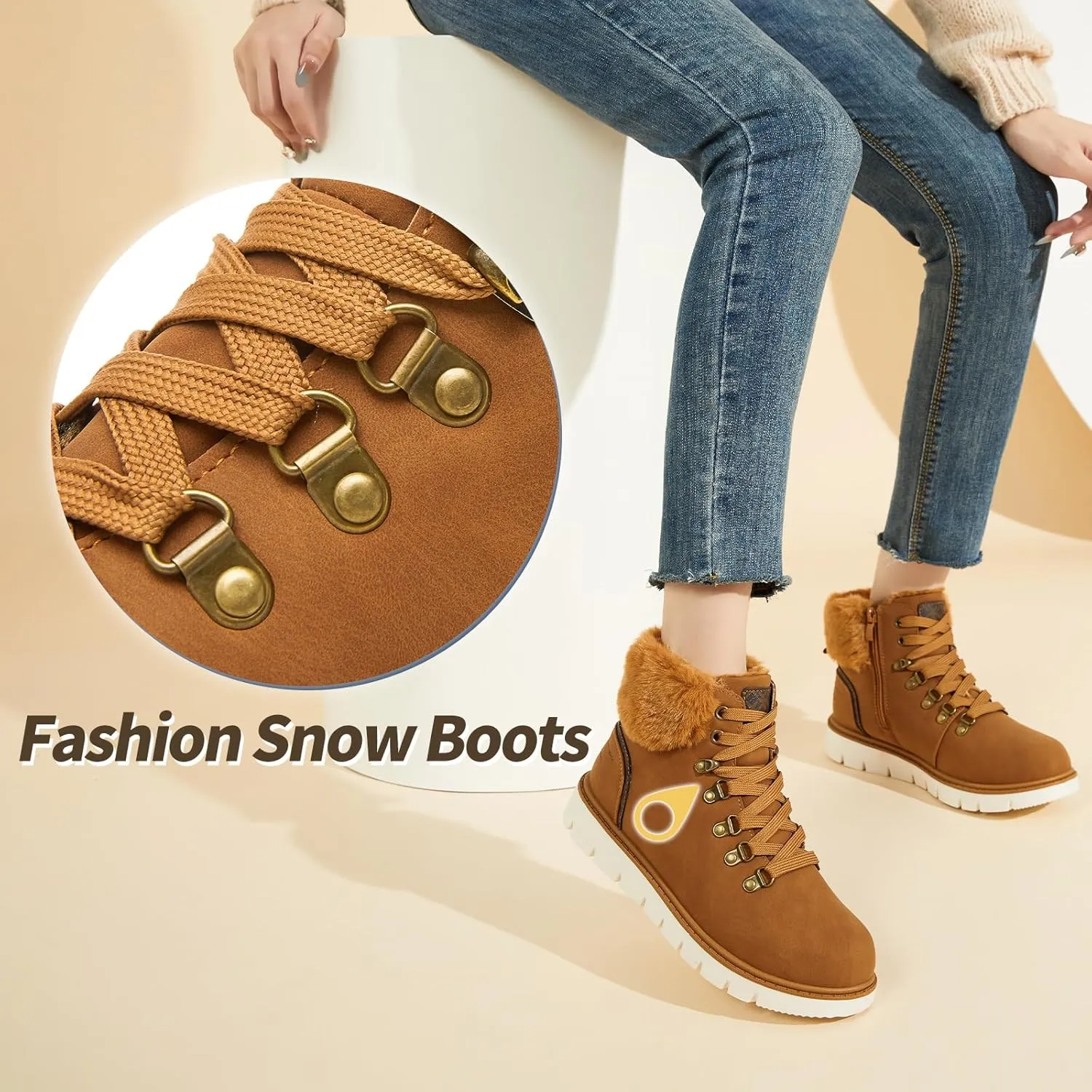 POVOGER Women’s Black Combat Boots Warm Fur Lined Winter Snow Boots for Women Lace Up Side Zipper Mid-Calf Fashion Booties