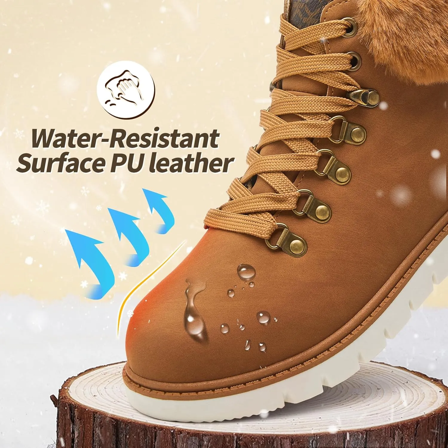 POVOGER Women’s Black Combat Boots Warm Fur Lined Winter Snow Boots for Women Lace Up Side Zipper Mid-Calf Fashion Booties