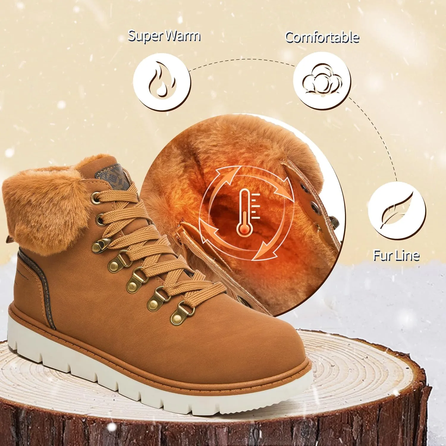 POVOGER Women’s Black Combat Boots Warm Fur Lined Winter Snow Boots for Women Lace Up Side Zipper Mid-Calf Fashion Booties