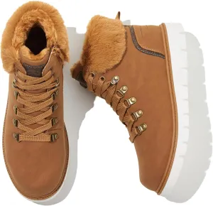 POVOGER Women’s Black Combat Boots Warm Fur Lined Winter Snow Boots for Women Lace Up Side Zipper Mid-Calf Fashion Booties