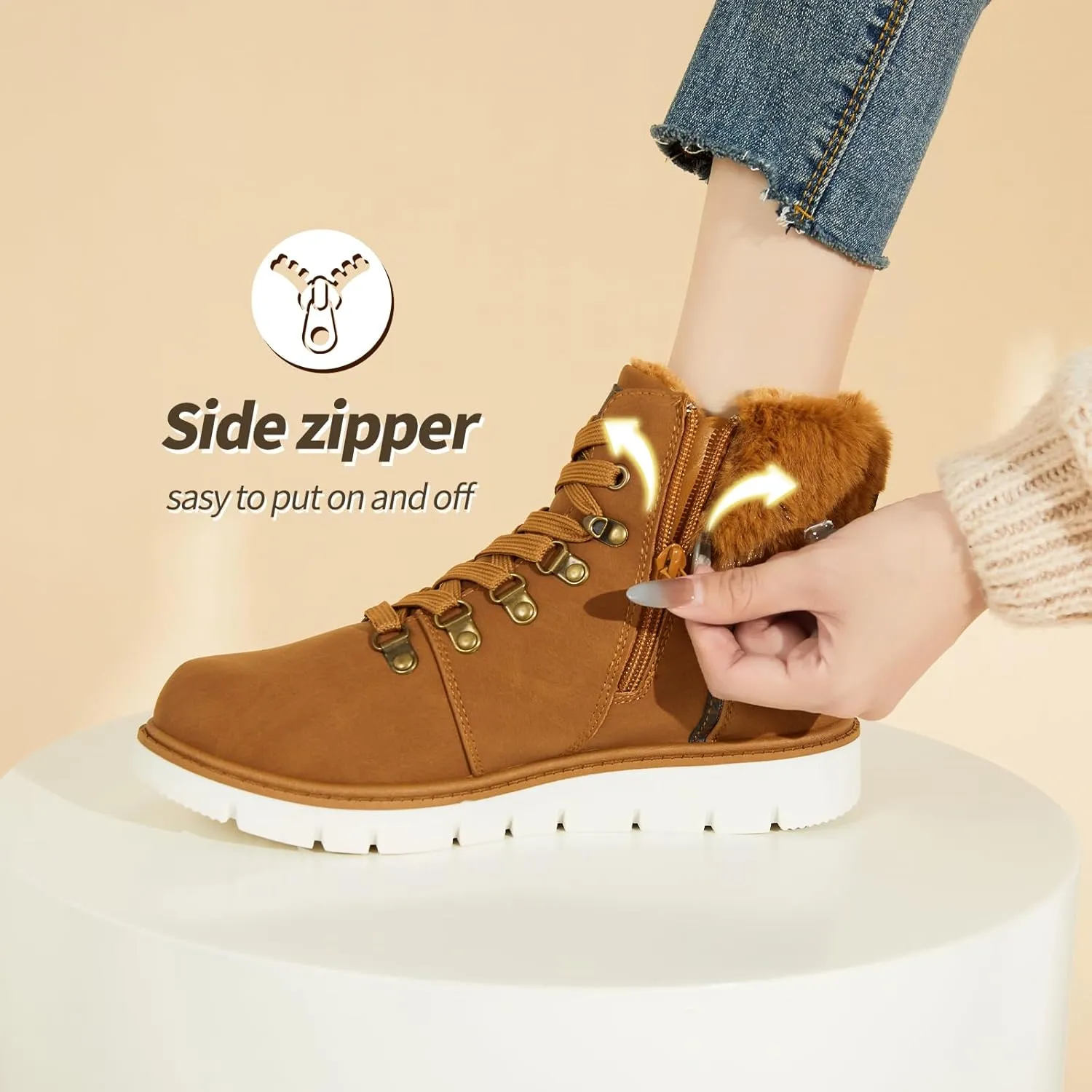 POVOGER Women’s Black Combat Boots Warm Fur Lined Winter Snow Boots for Women Lace Up Side Zipper Mid-Calf Fashion Booties