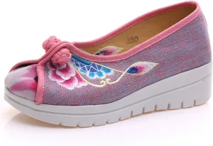 Qhome Women's Floral Embroidery Frog Linen Comfortable Casual Walking Canvas Loafers Shoes