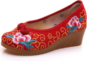Qhome Women's Floral Embroidery Frog Linen Comfortable Casual Walking Canvas Wedges Loafers Shoes