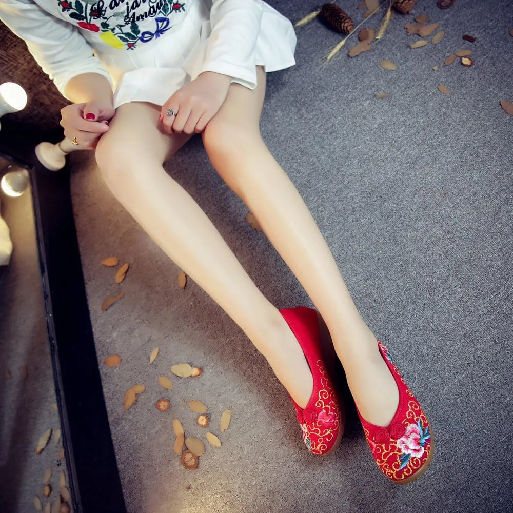 Qhome Women's Floral Embroidery Frog Linen Comfortable Casual Walking Canvas Wedges Loafers Shoes