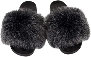 QMFUR Women's Vegan Faux Fur Slippers Fuzzy Slides Fluffy Sandals Open Toe Indoor Outdoor