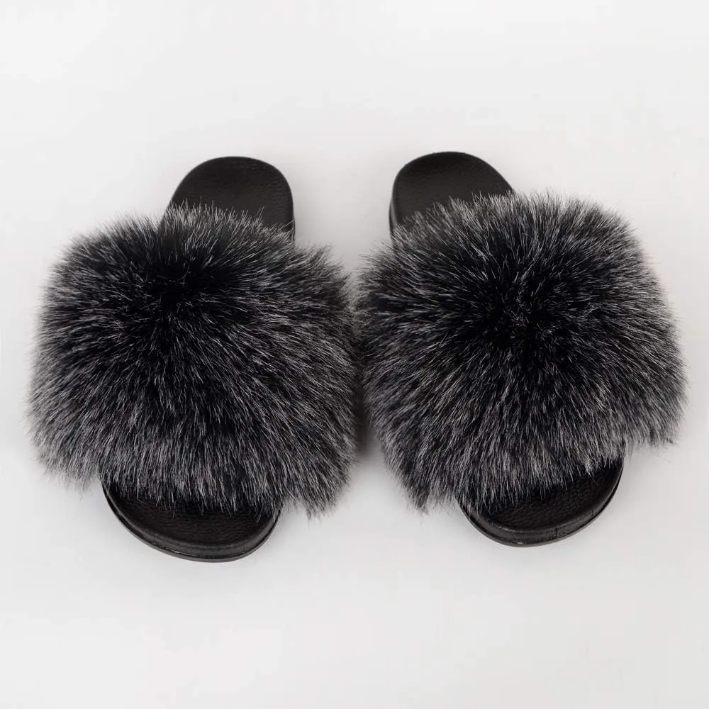 QMFUR Women's Vegan Faux Fur Slippers Fuzzy Slides Fluffy Sandals Open Toe Indoor Outdoor