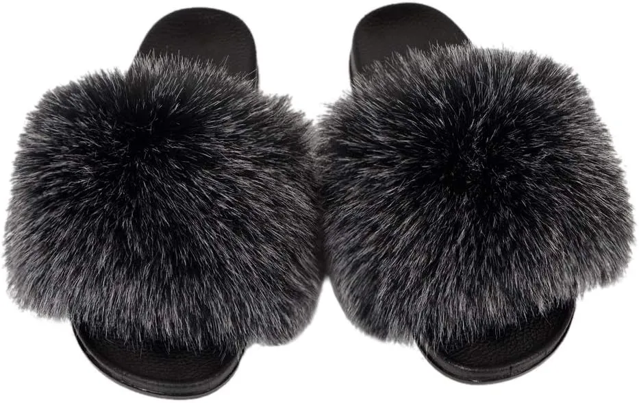 QMFUR Women's Vegan Faux Fur Slippers Fuzzy Slides Fluffy Sandals Open Toe Indoor Outdoor