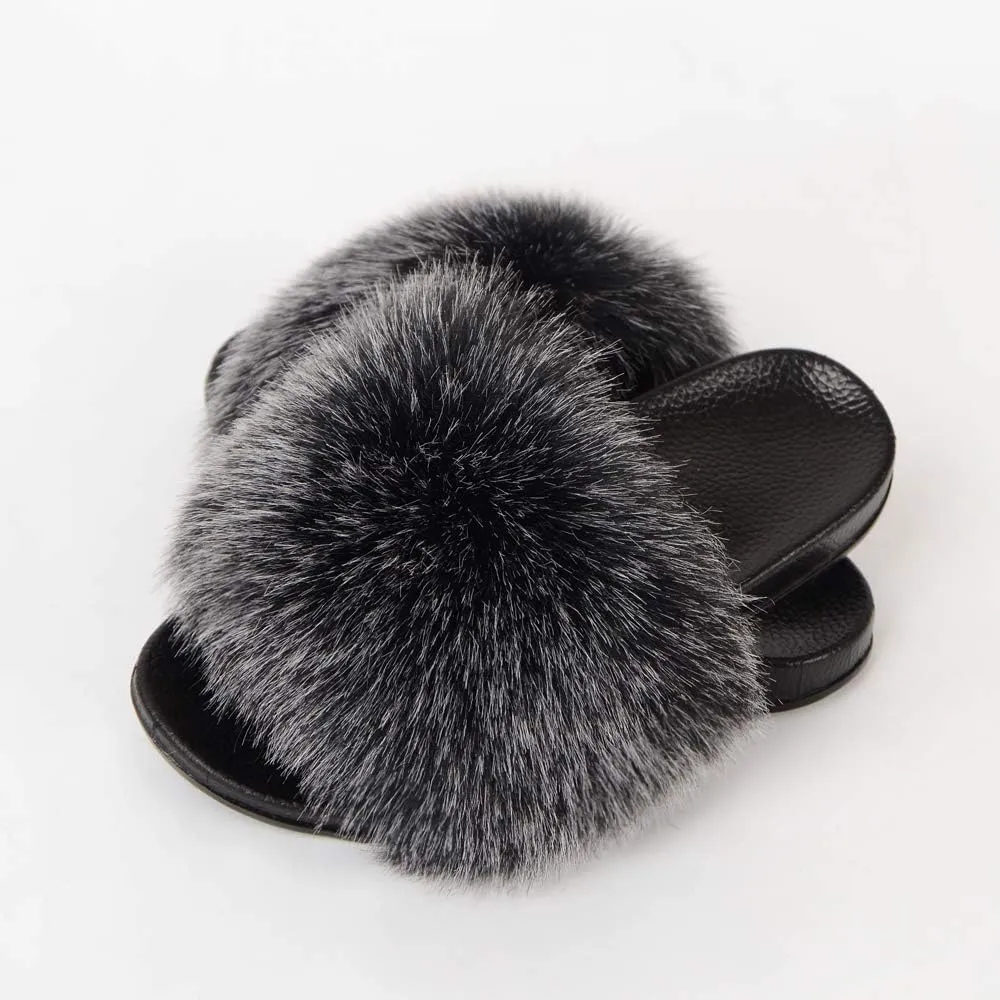 QMFUR Women's Vegan Faux Fur Slippers Fuzzy Slides Fluffy Sandals Open Toe Indoor Outdoor