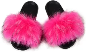 QMFUR Women's Vegan Faux Fur Slippers Fuzzy Slides Fluffy Sandals Open Toe Indoor Outdoor