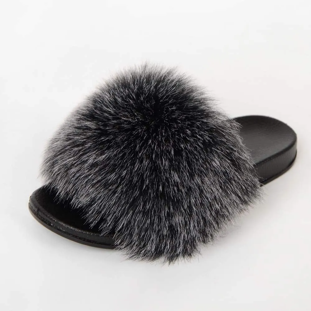 QMFUR Women's Vegan Faux Fur Slippers Fuzzy Slides Fluffy Sandals Open Toe Indoor Outdoor