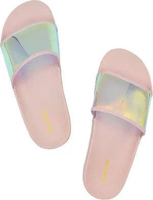 Qwave Indoor and Outdoor Comfy Sport Slides for Women | Iridescent Bright Color Slides Women | Ultra Soft Cushion | Thick Sole | Cloud Slides Sandals for Women | No Strap Slip On Sandals Women