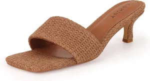 Raffia Mule Sandals for Women Square Toe Slip On Kitten Heels Woven Heeled Slides for Summer Dress and Vacation