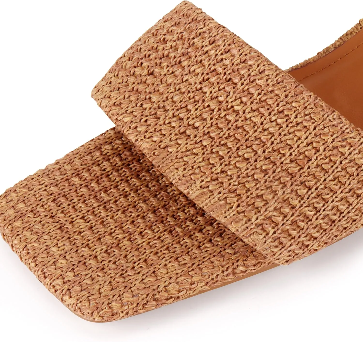 Raffia Mule Sandals for Women Square Toe Slip On Kitten Heels Woven Heeled Slides for Summer Dress and Vacation