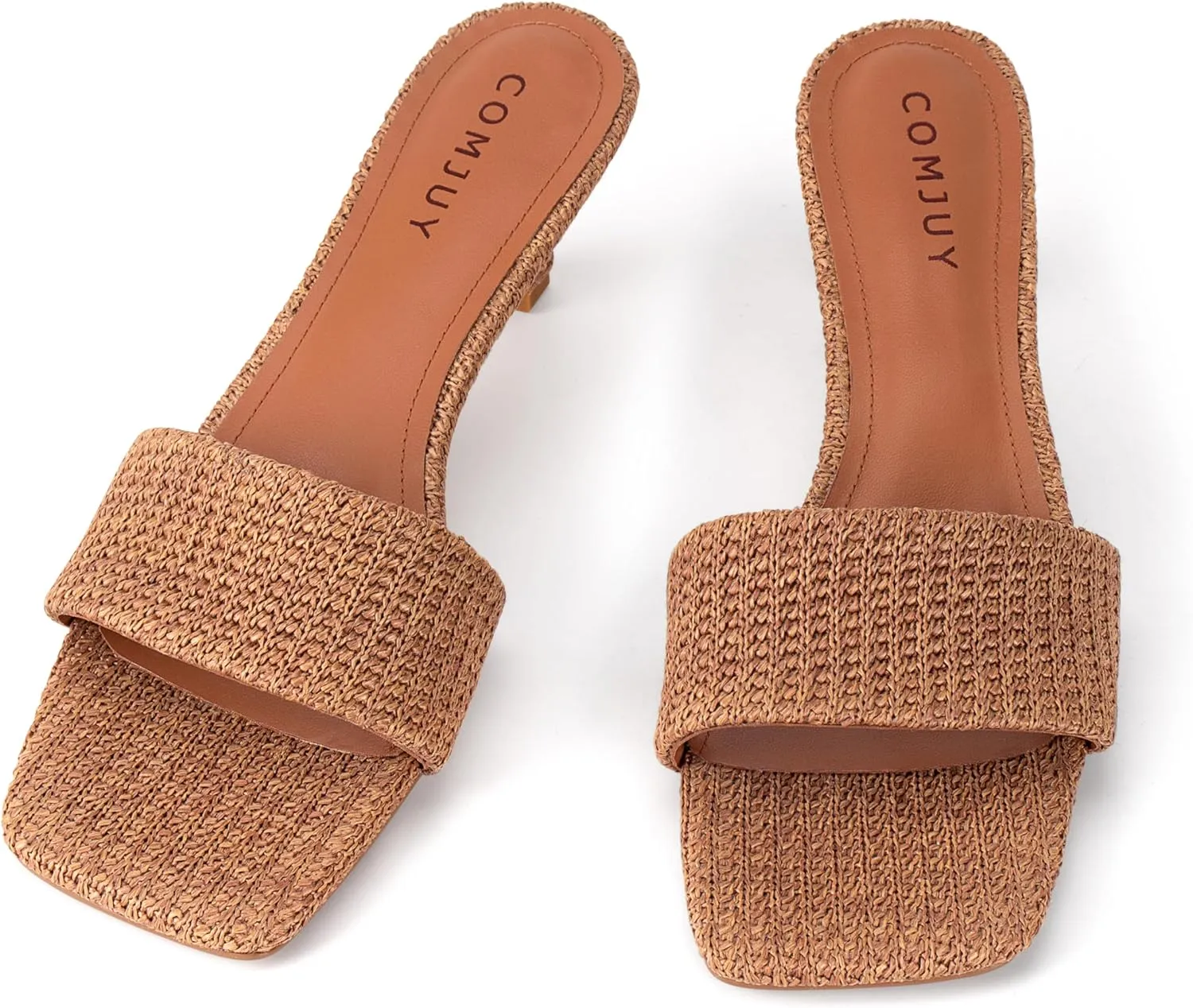 Raffia Mule Sandals for Women Square Toe Slip On Kitten Heels Woven Heeled Slides for Summer Dress and Vacation