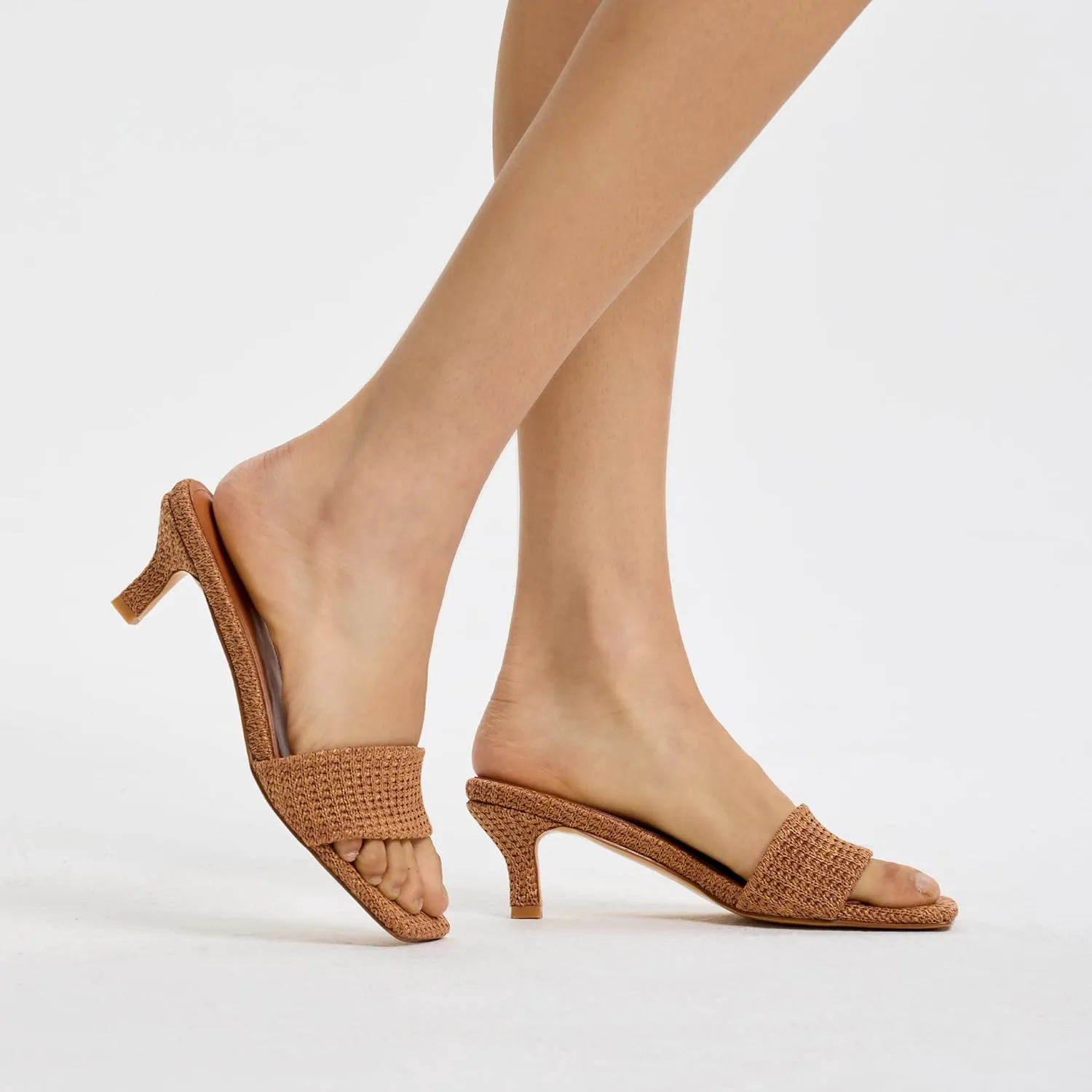 Raffia Mule Sandals for Women Square Toe Slip On Kitten Heels Woven Heeled Slides for Summer Dress and Vacation