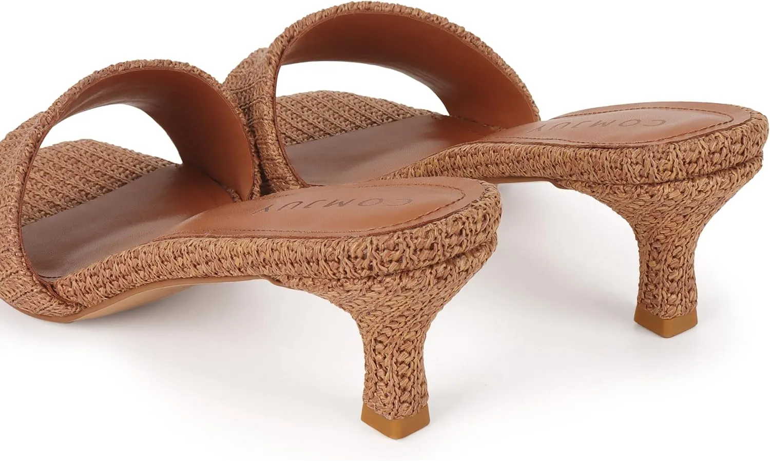 Raffia Mule Sandals for Women Square Toe Slip On Kitten Heels Woven Heeled Slides for Summer Dress and Vacation