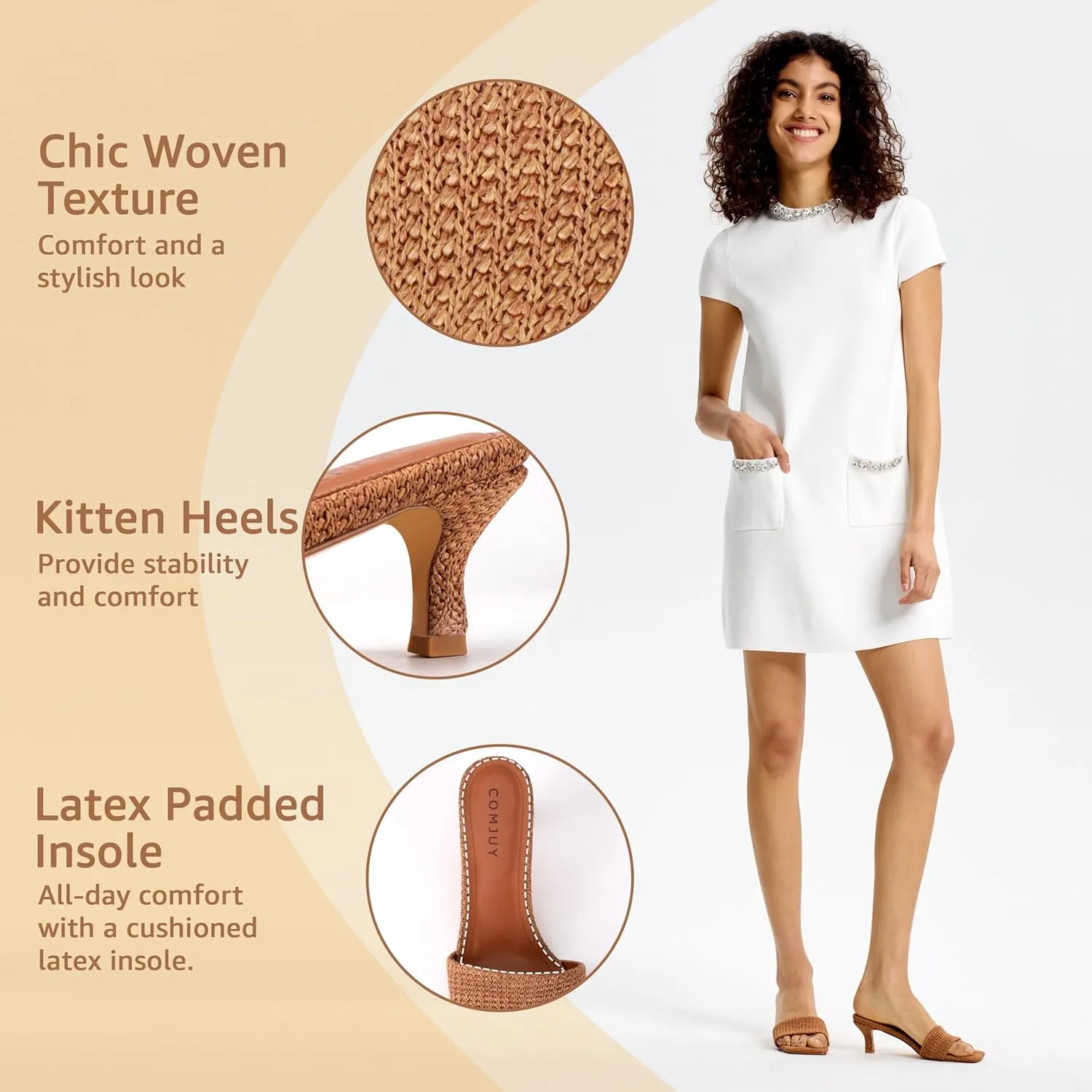 Raffia Mule Sandals for Women Square Toe Slip On Kitten Heels Woven Heeled Slides for Summer Dress and Vacation