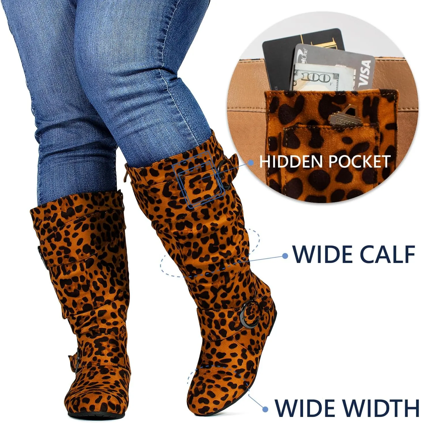 RF ROOM OF FASHION Dublin-01 Women's Wide Calf Wide Width Knee High Boots w Pocket - Plus Size Friendly