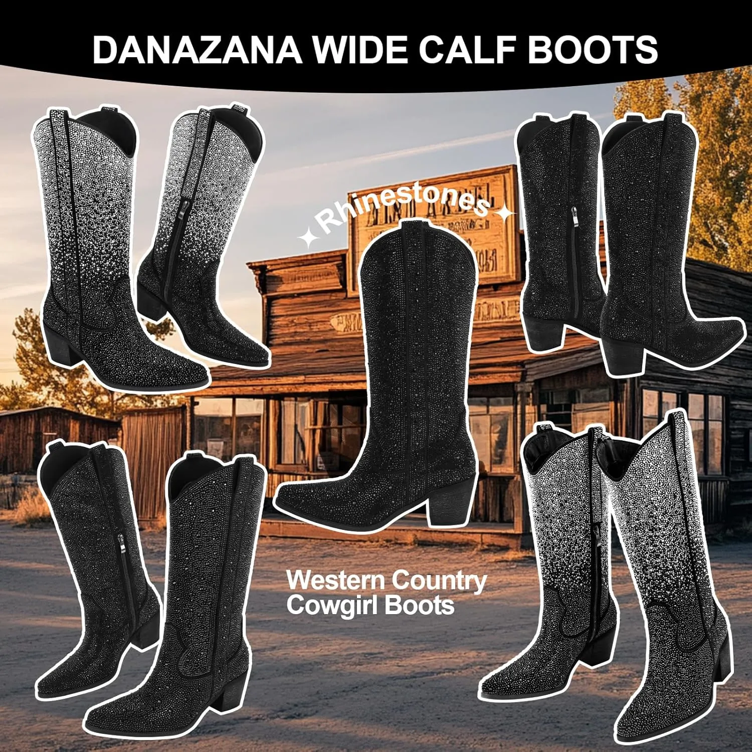 Rhinestone Cowboy Boots for Women Wide Calf Sparkly Cowgirl Boots Mid Calf Pointed Toe Block Heel Sparkle Boots with Half Zip Size 6-11